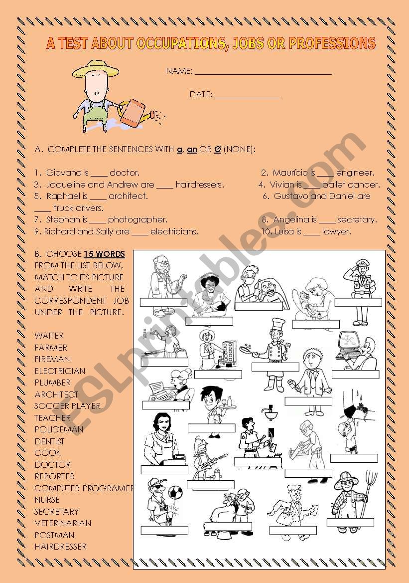 A TEST/EXERCISES  -  PROESSIONS, JOBS OR OCCUPATIONS (TWO SHEETS)