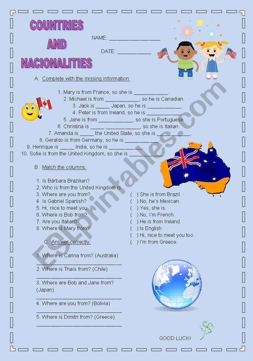 COUNTRIES  AND NACIONALITIES - TEST/EXERCISES