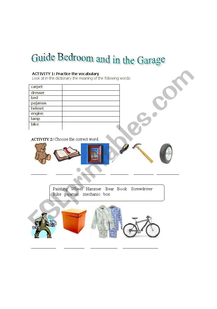 guide bedroom and the garage worksheet