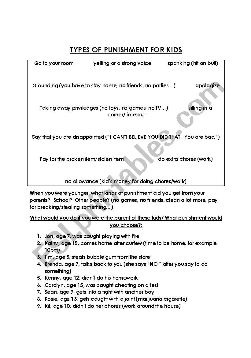 types of punishment for kids worksheet