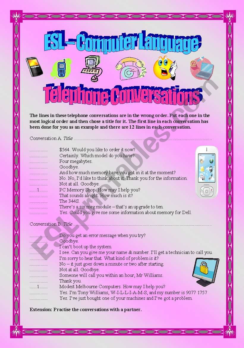 Telephone Conversations - ESL Computer Language - elementary/intermediate - (( 2 pages )) - Editable 