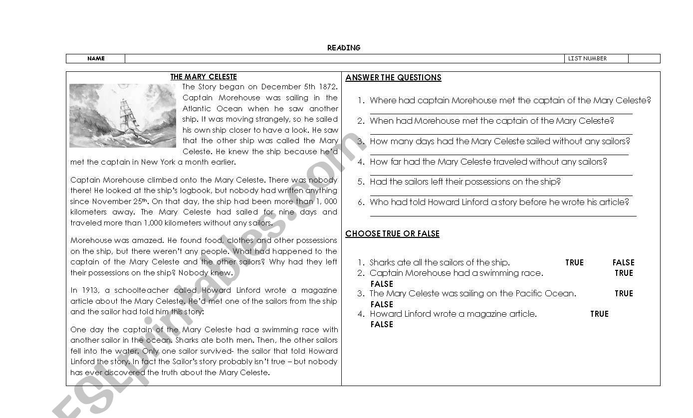 READING WORKSHEET worksheet