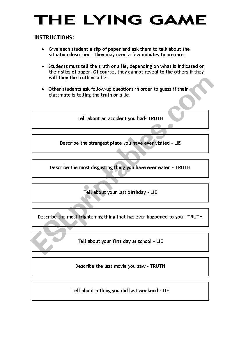 The Lying Game worksheet