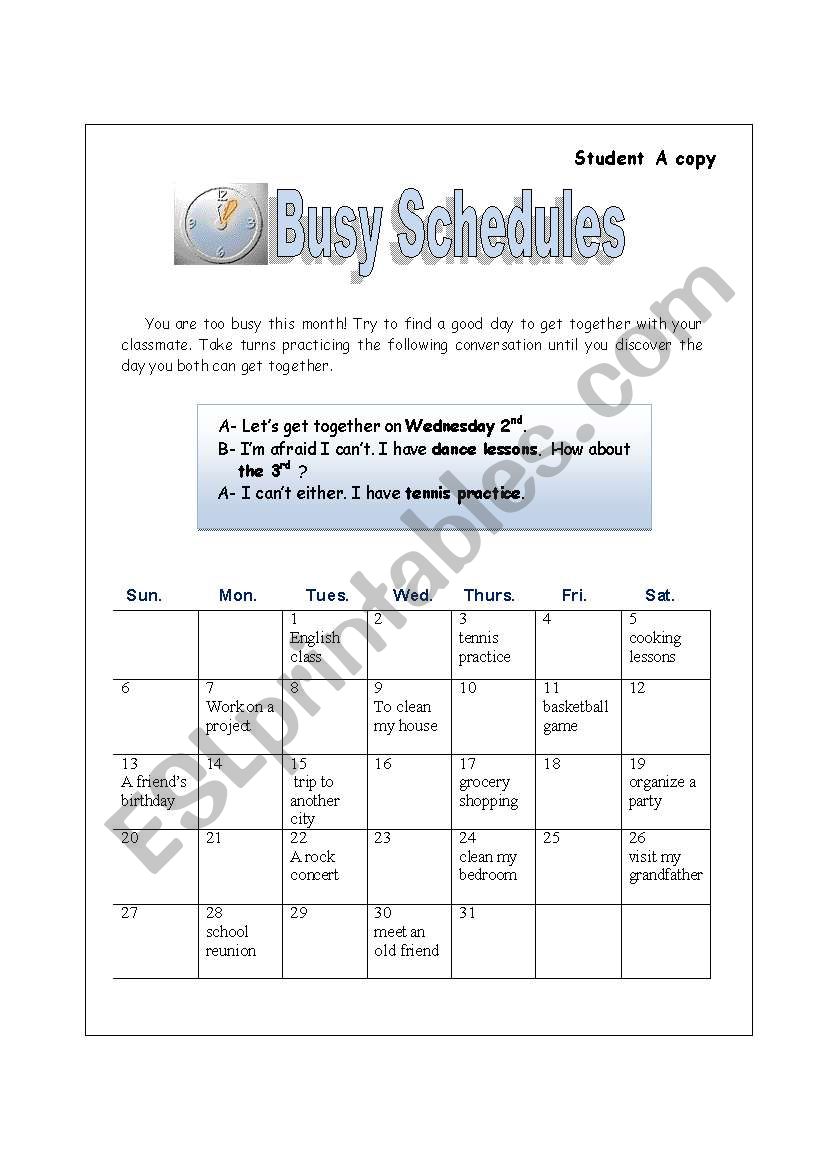 Busy schedules worksheet