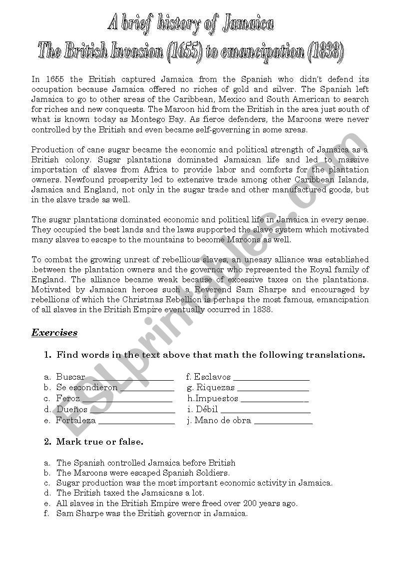 Jamaicas Brief History worksheet