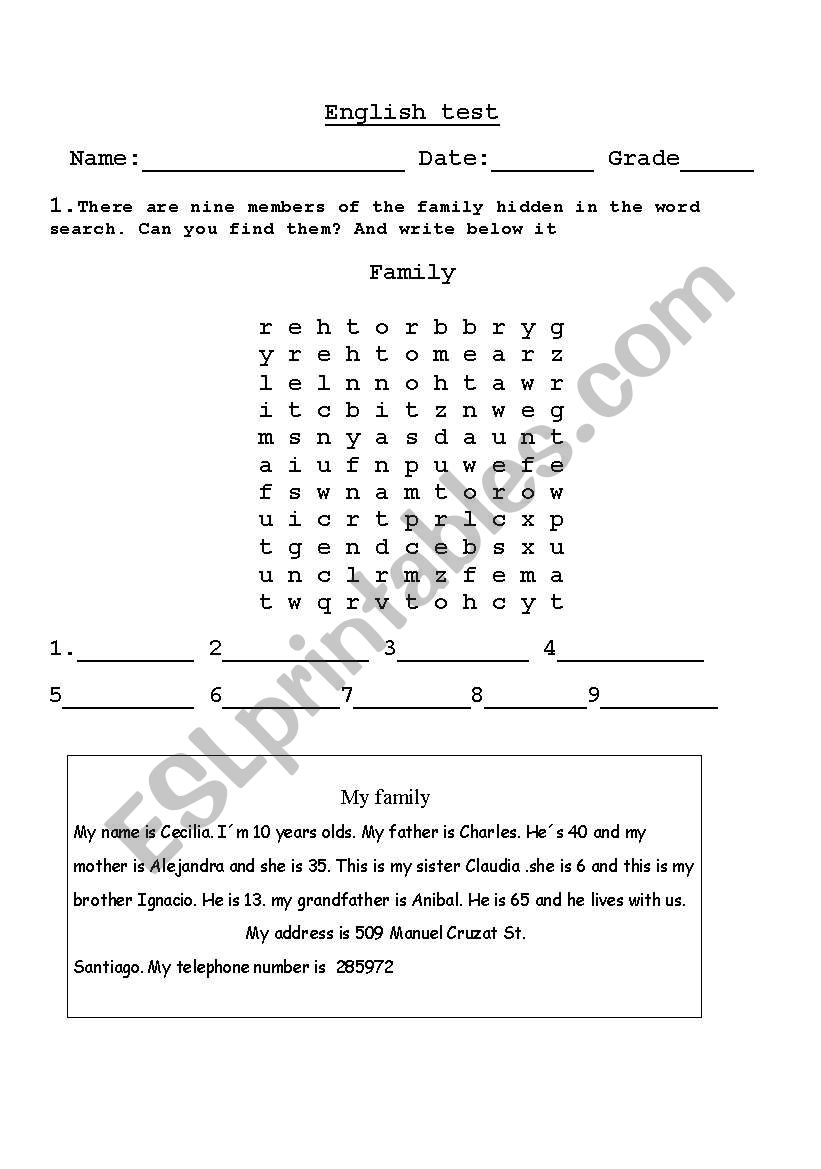 family test  worksheet
