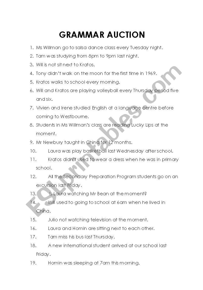 Grammar Auction - Past Simple/Past continuous/Used to