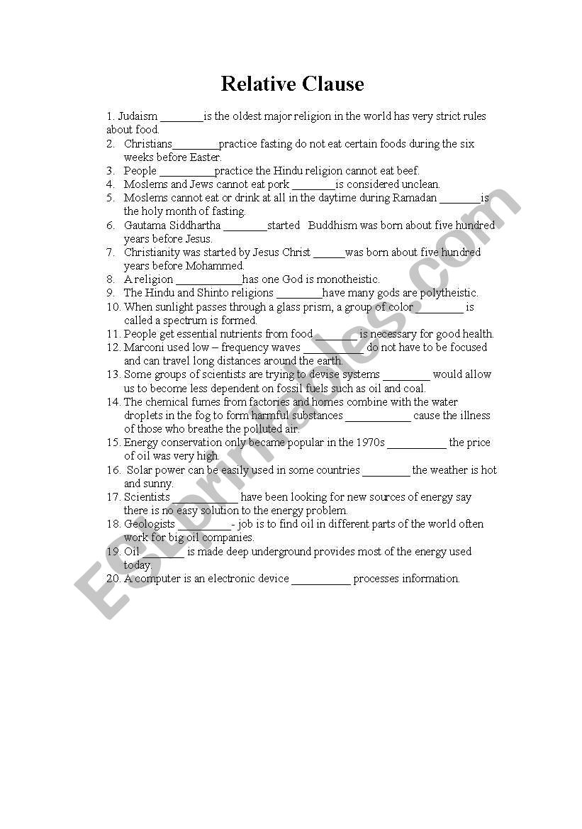 Relaive clause worksheet