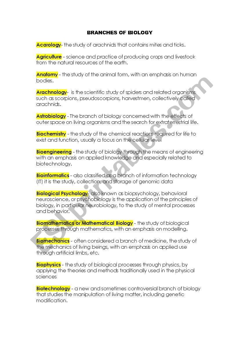 Branches of Biology worksheet