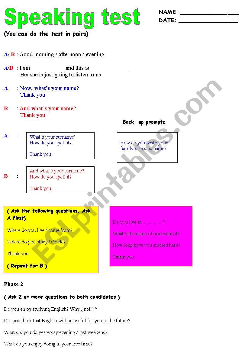 SPEAKING TEST worksheet