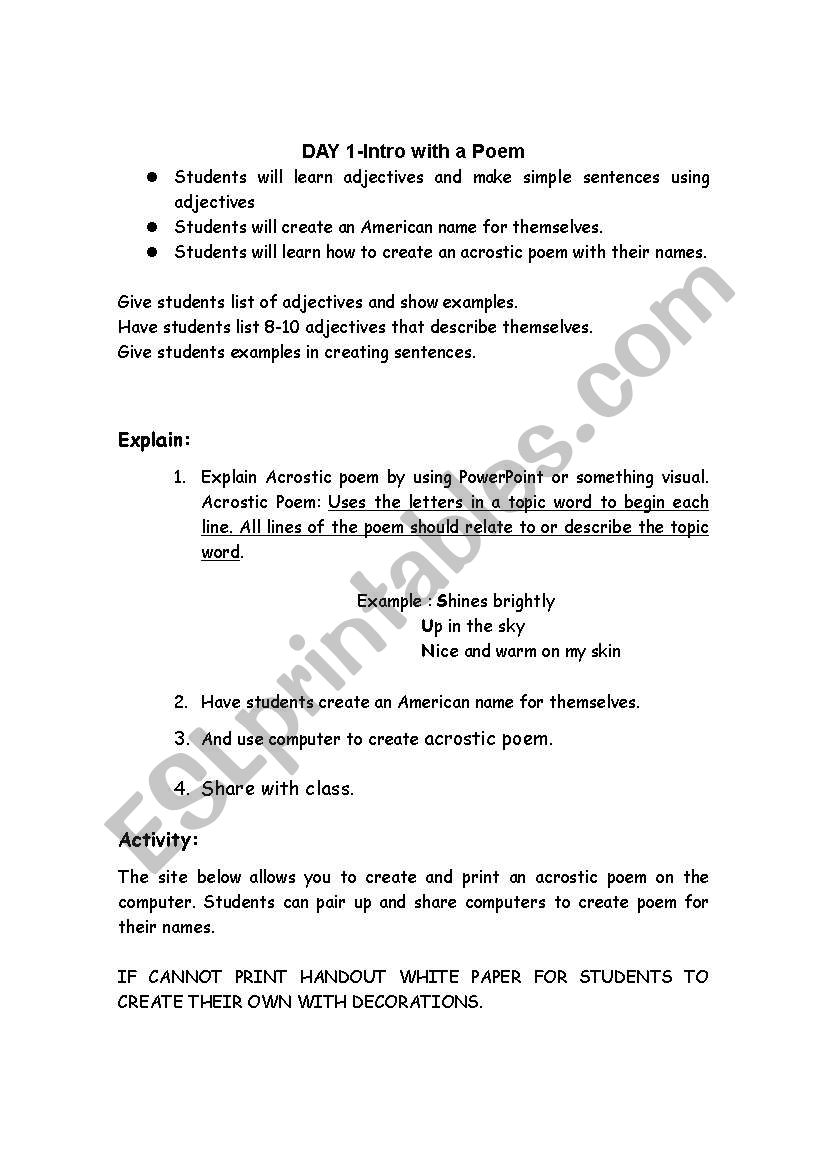 Poem names worksheet