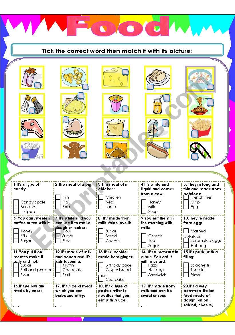 Food- Tick and match worksheet