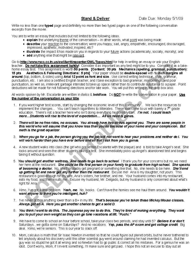 Stand and Deliver worksheet