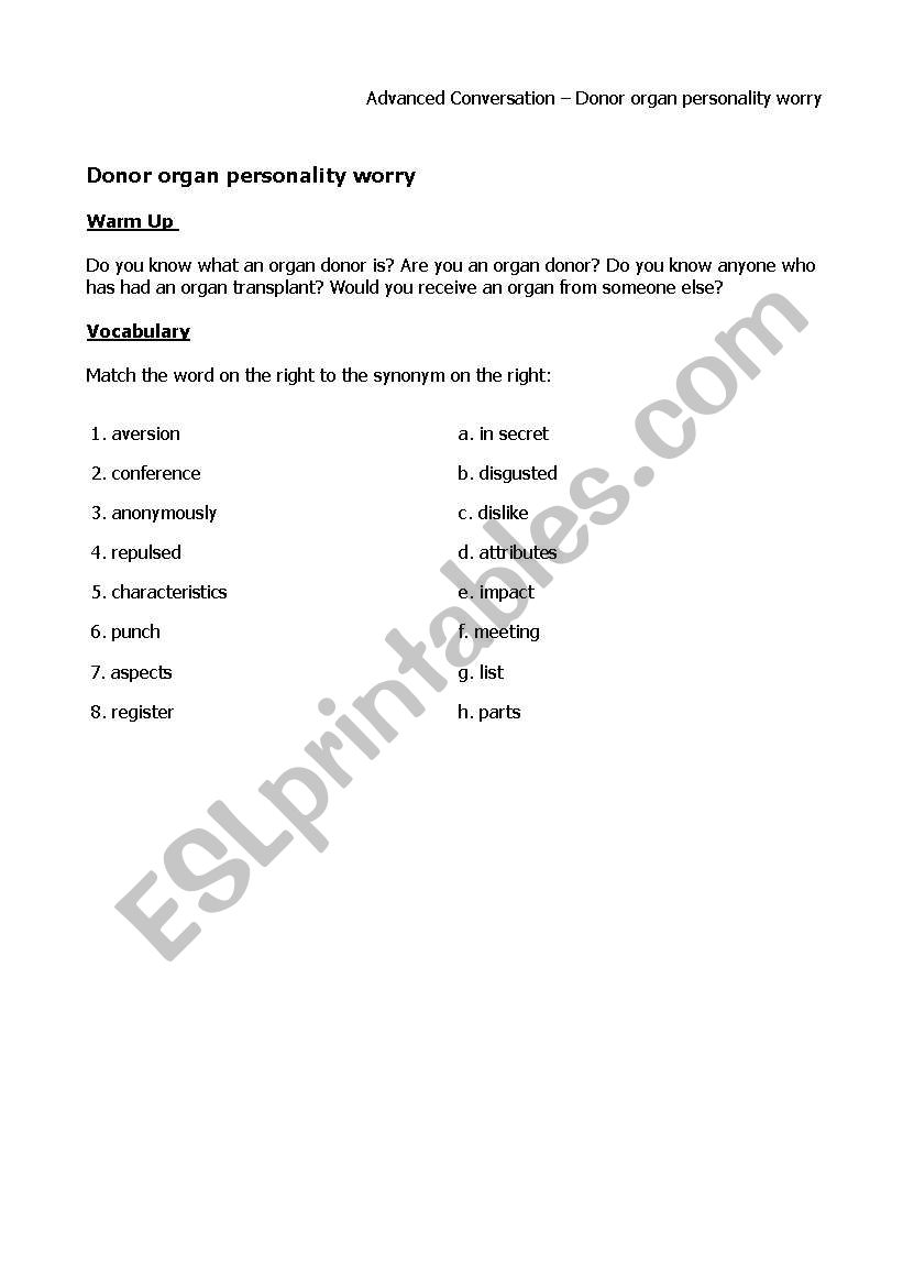 Organ donor personality worry worksheet