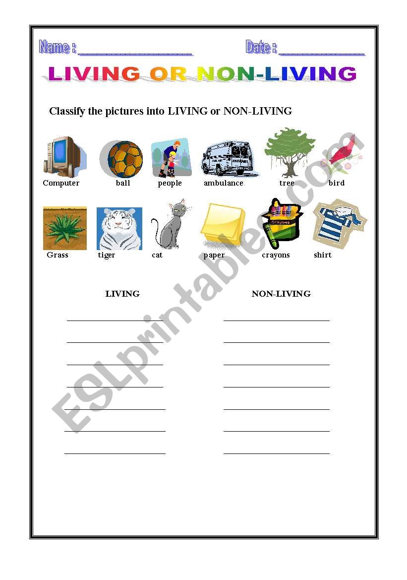 living or non living worksheet