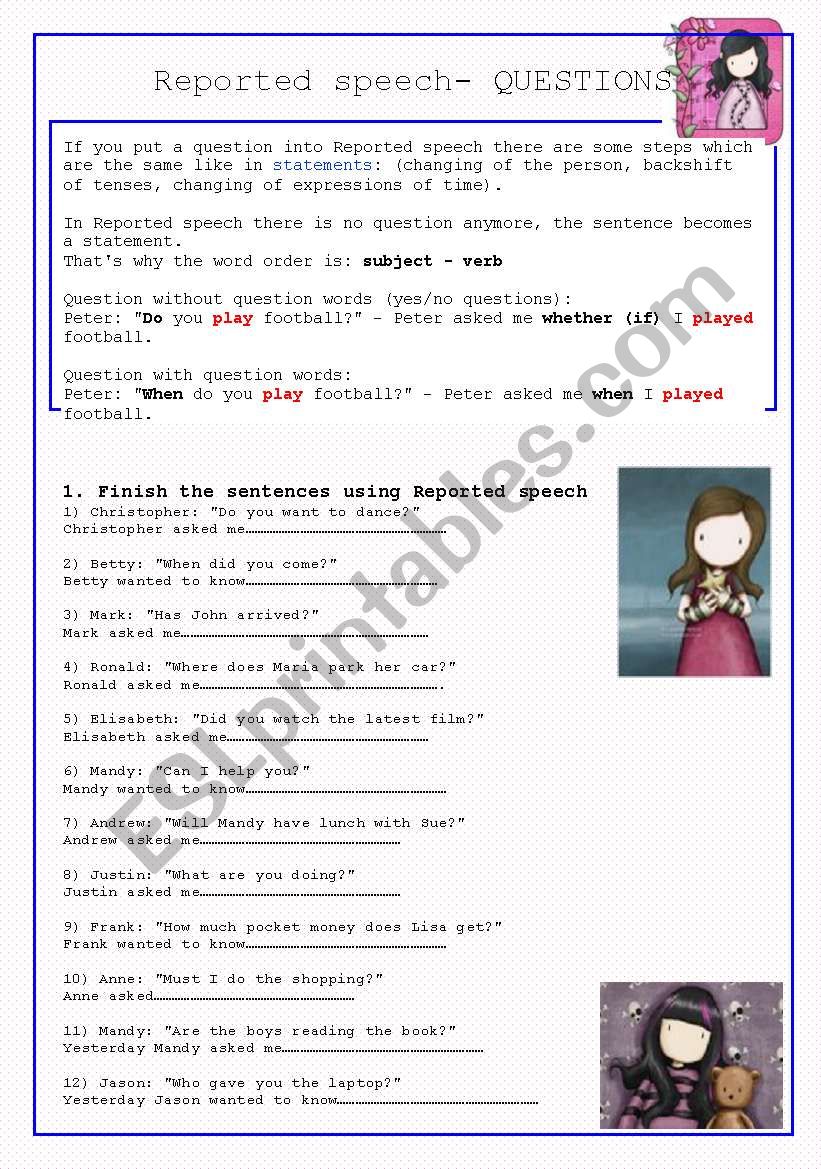 REPORTED SPEECH-QUESTIONS worksheet