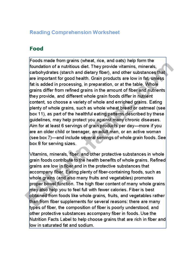 Reading Comprehension Worksheet about food