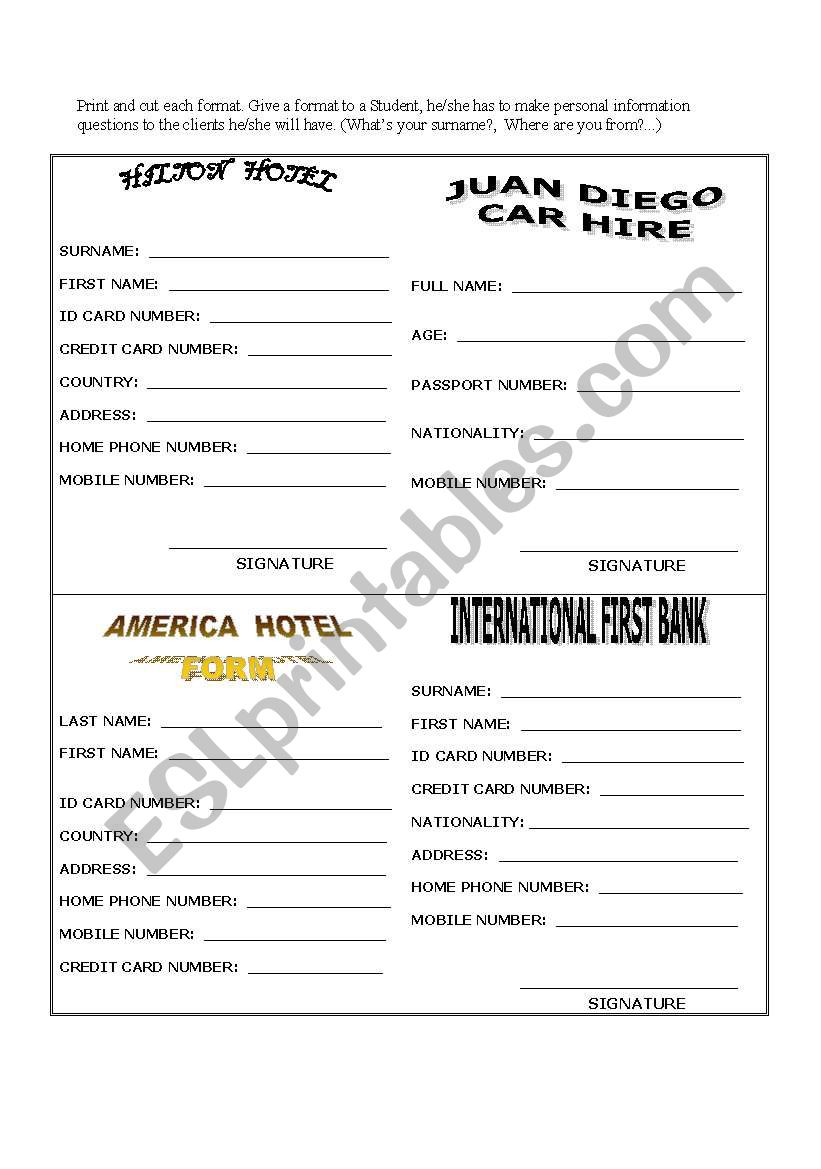 PERSONAL INFORMATION ACTIVITY worksheet