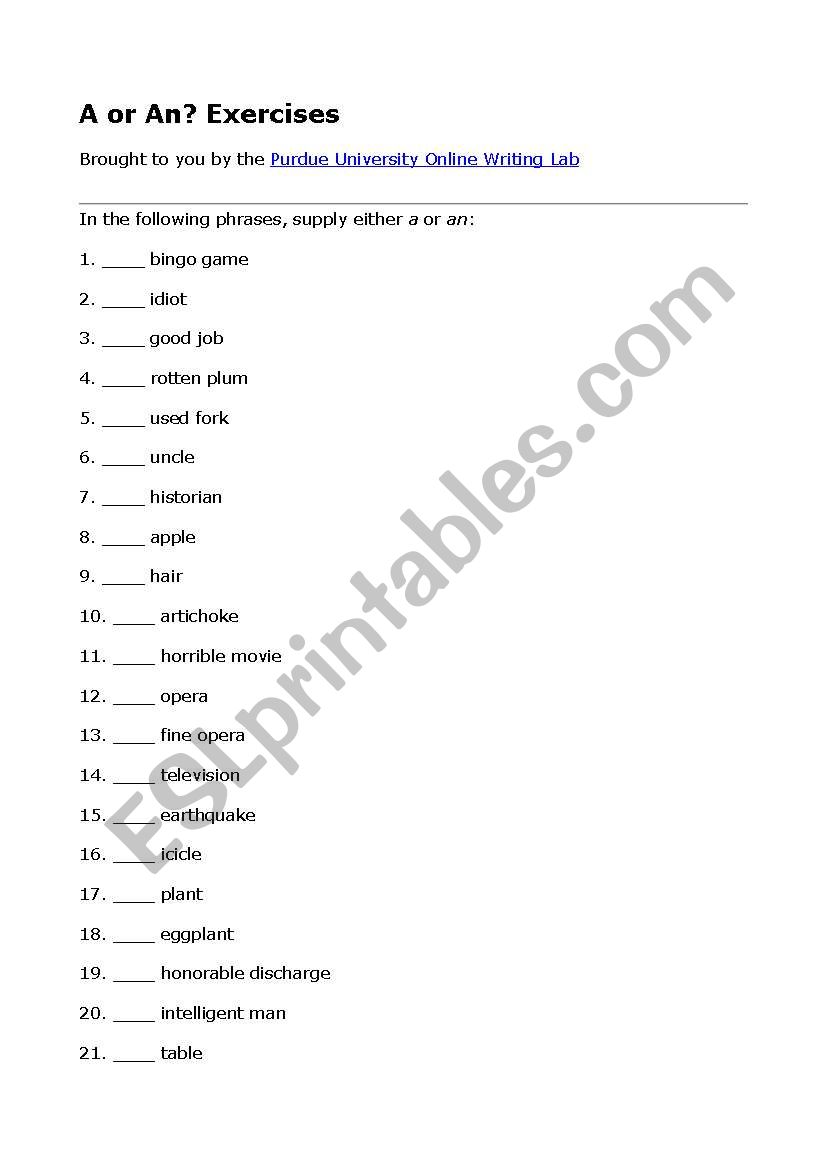 put in a or an worksheet
