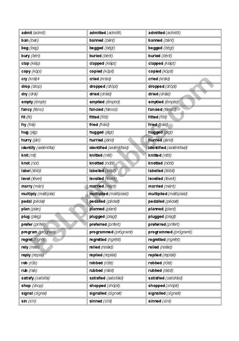 regular verb list worksheet