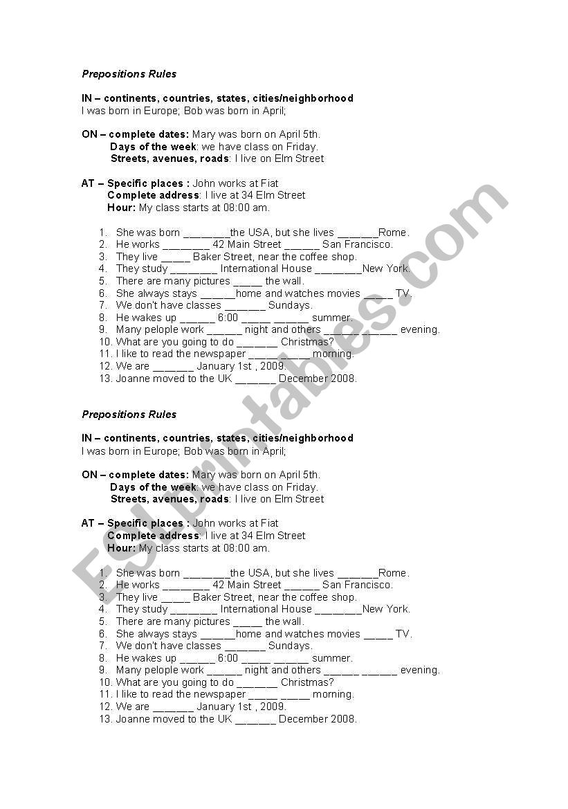 preposition rules worksheet