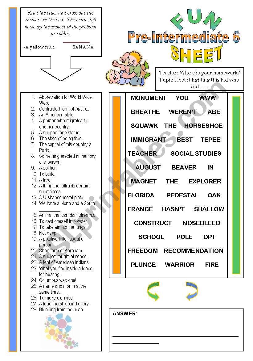 Fun Sheet Pre-Intermediate 6 worksheet