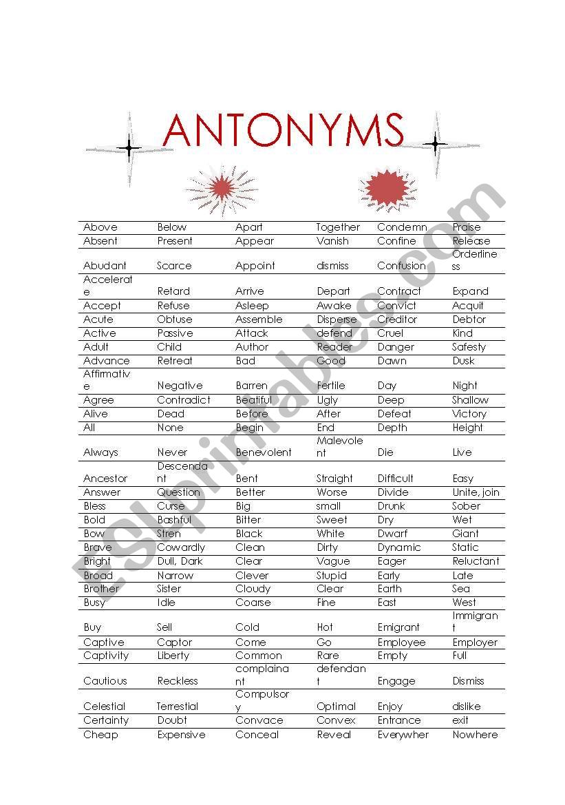 ANTONYMS worksheet