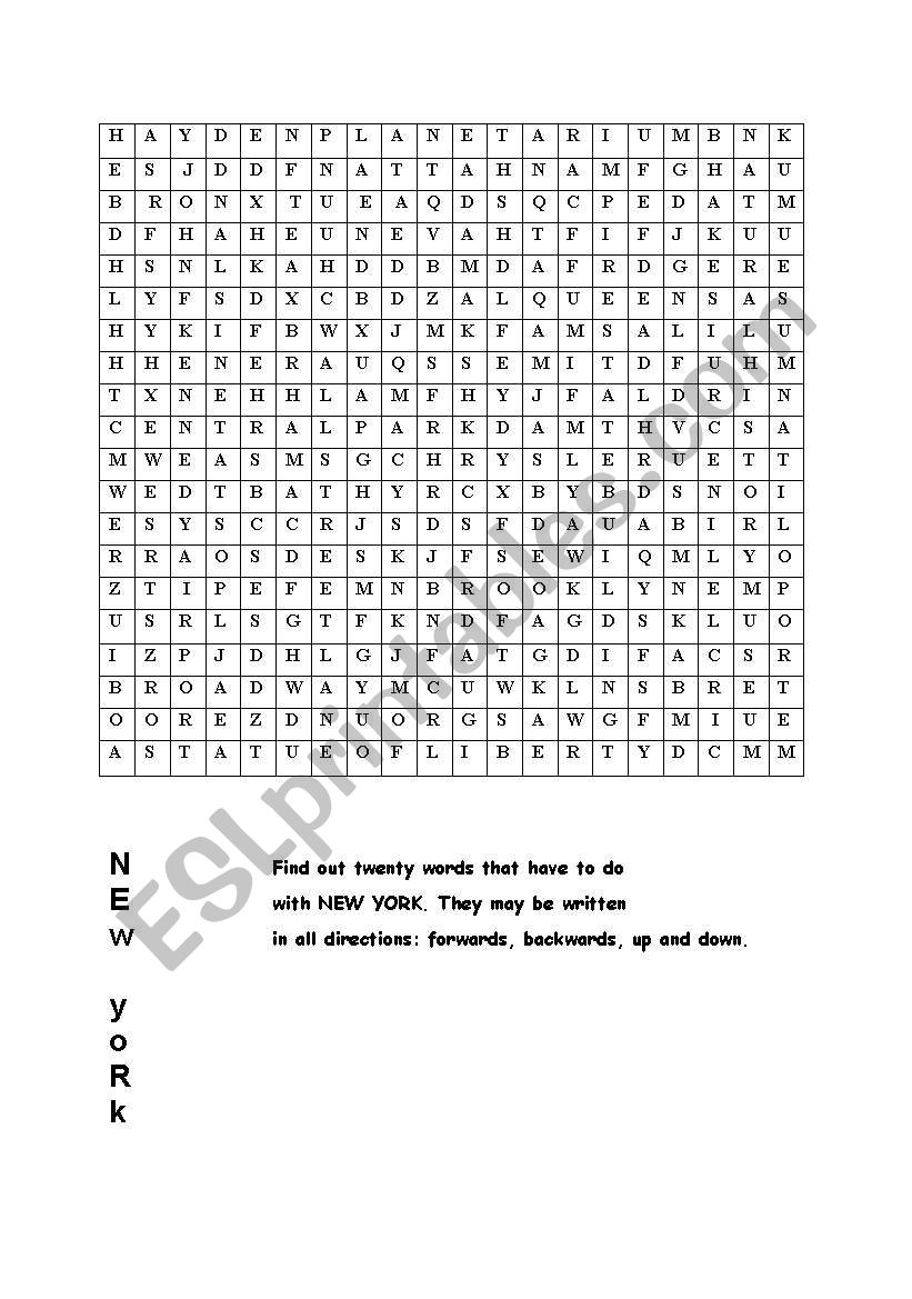 Word search  on New York worksheet