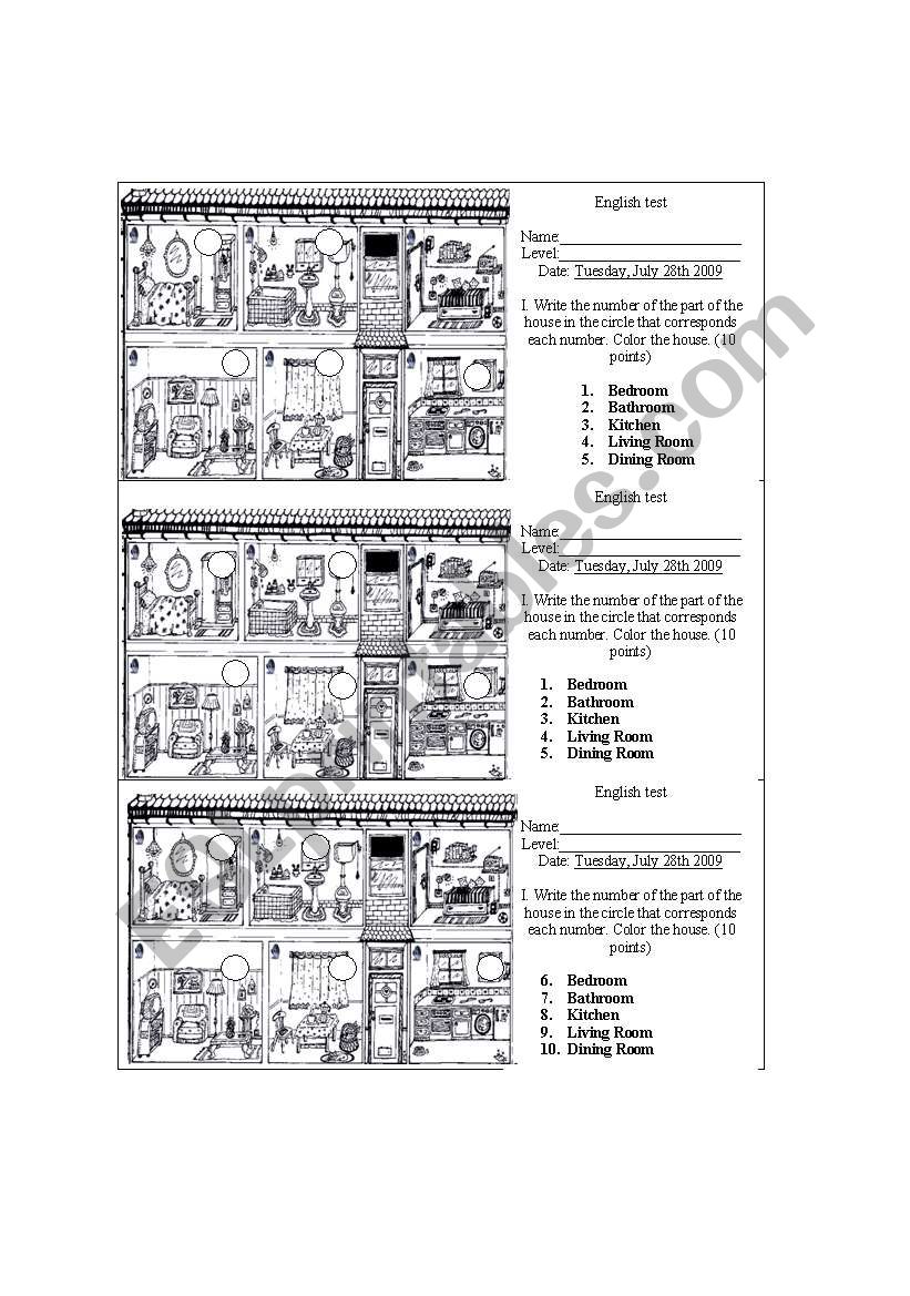 parts of the house test worksheet