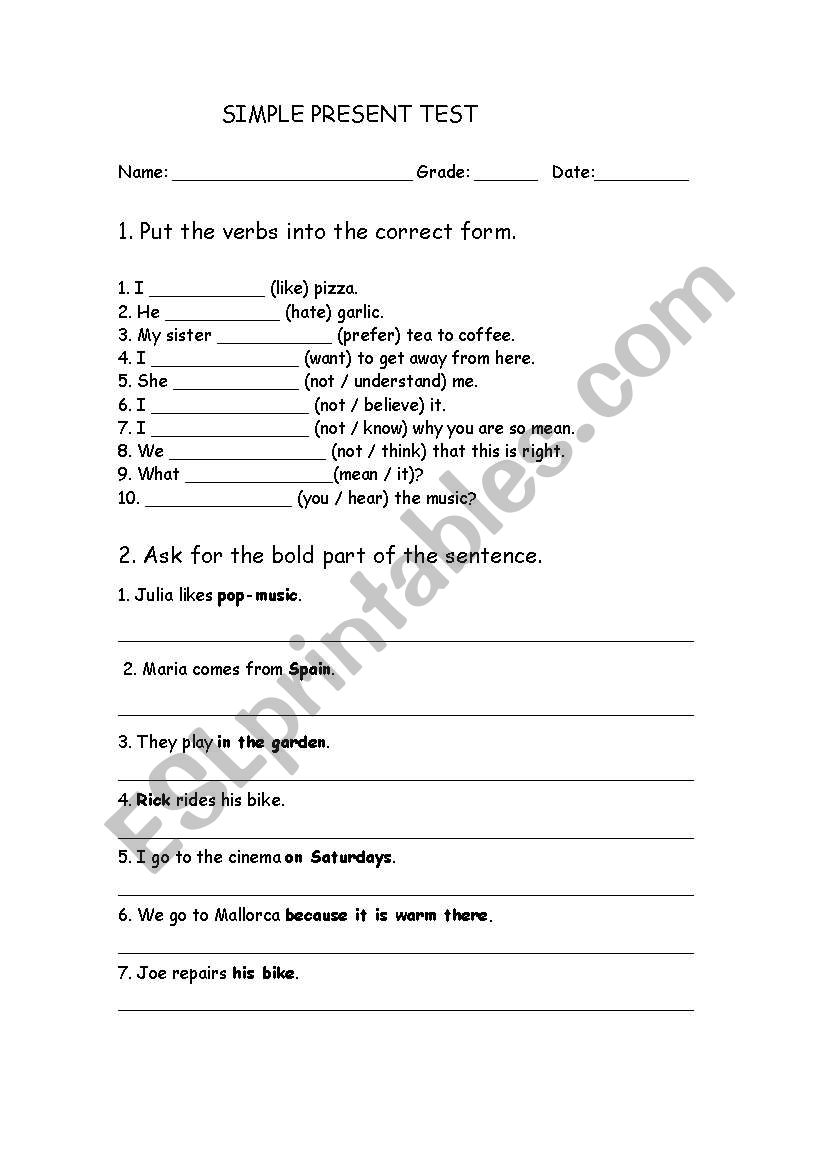 Simple Present Test worksheet