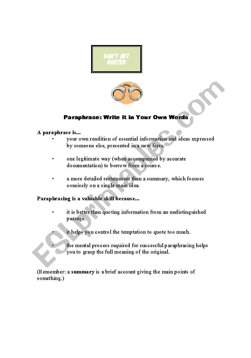 Paraphrase Lesson worksheet