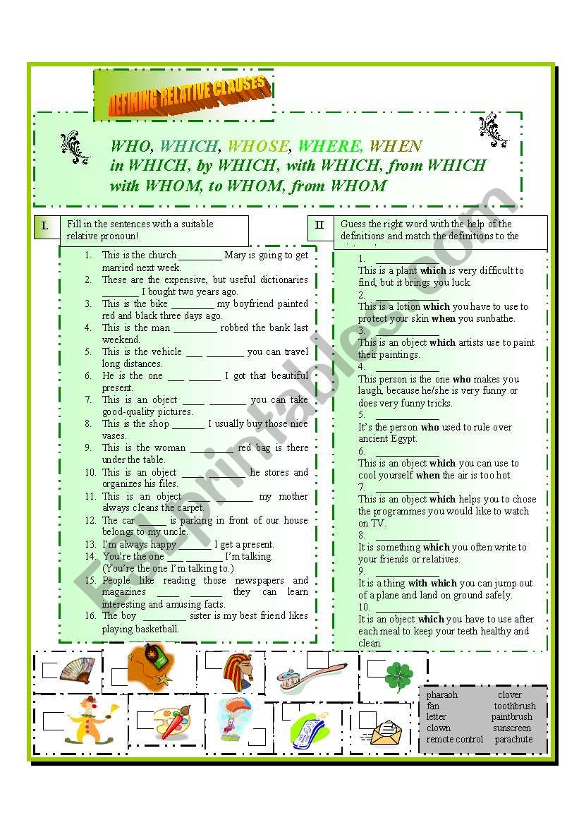 Defining relative clauses worksheet