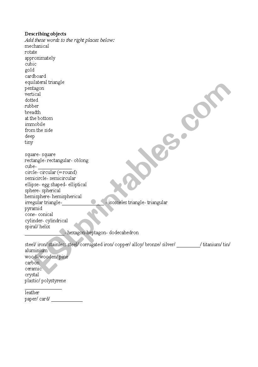 describing objects vocabulary worksheet