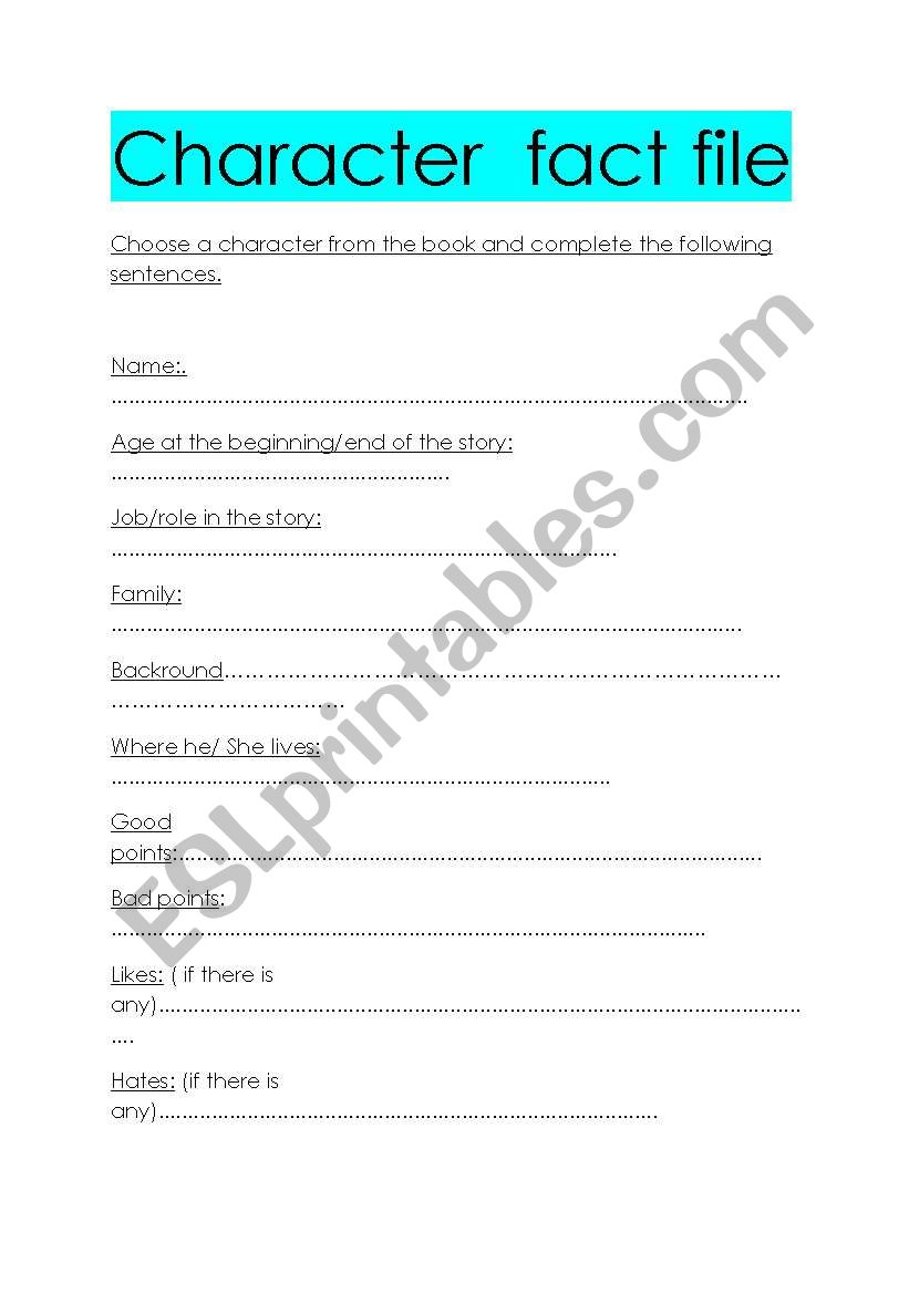 CHARACTER FACT FILE worksheet