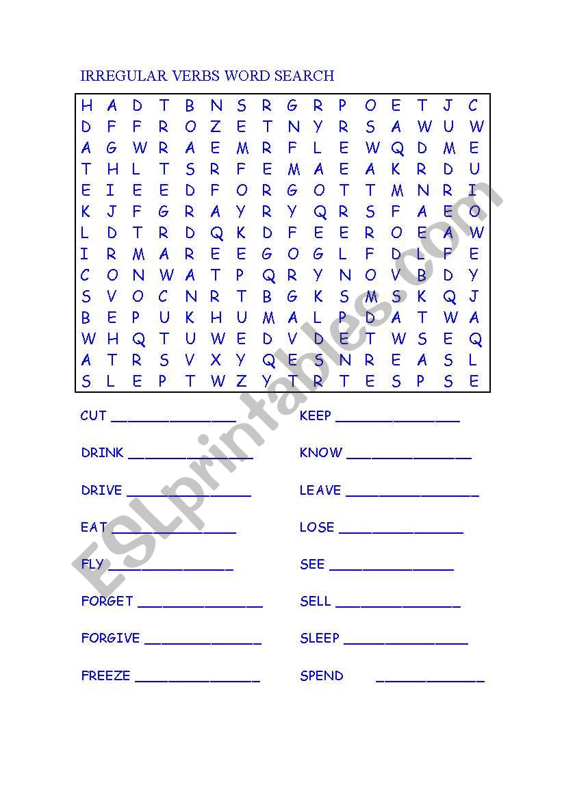 IRREGULAR VERBS WORD SEARCH worksheet