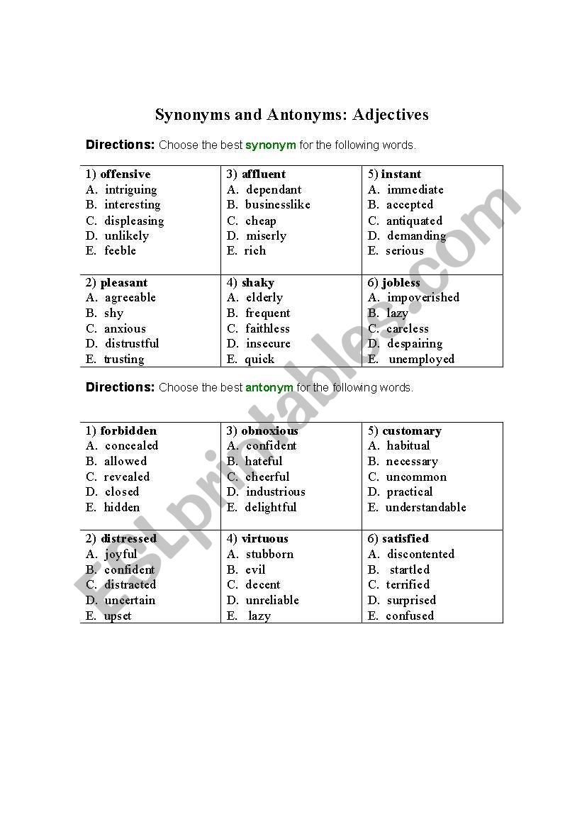 Synonyms and Antonyms: Adjectives 1