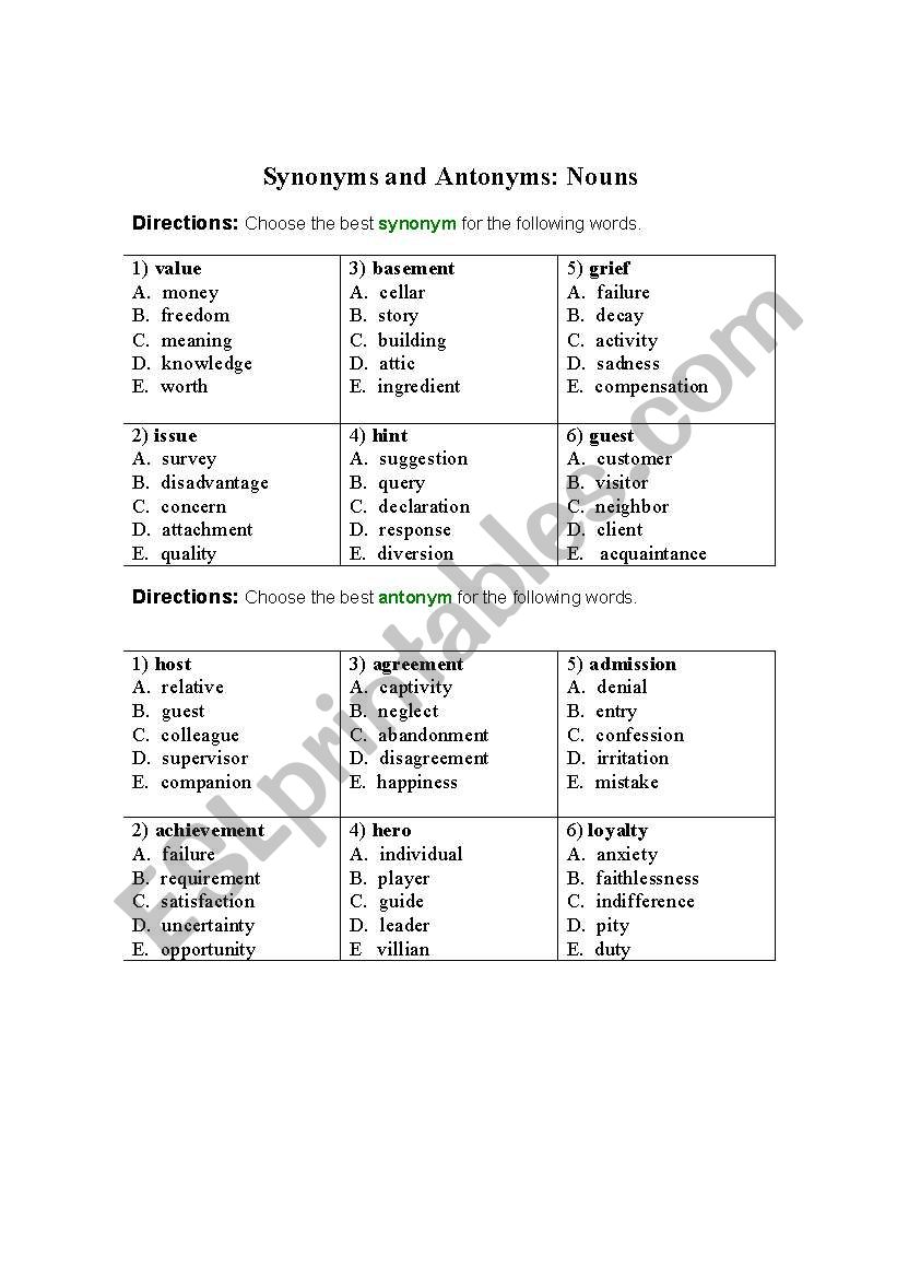 Synonyms and Antonyms: Nouns 1