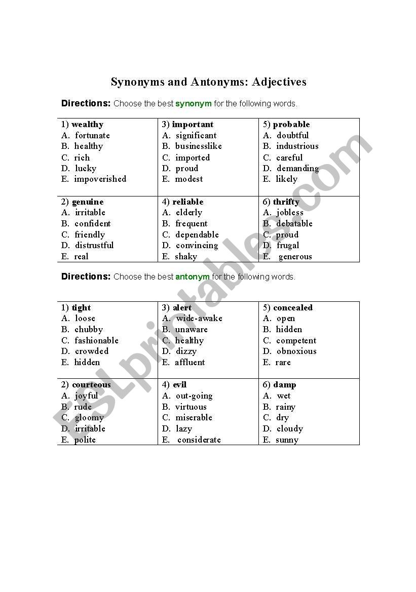 Synonyms and Antonyms: Adjectives 2