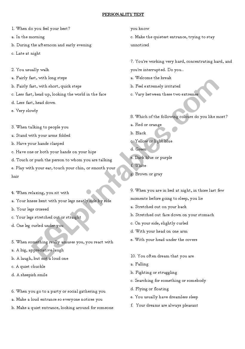 Personality test worksheet