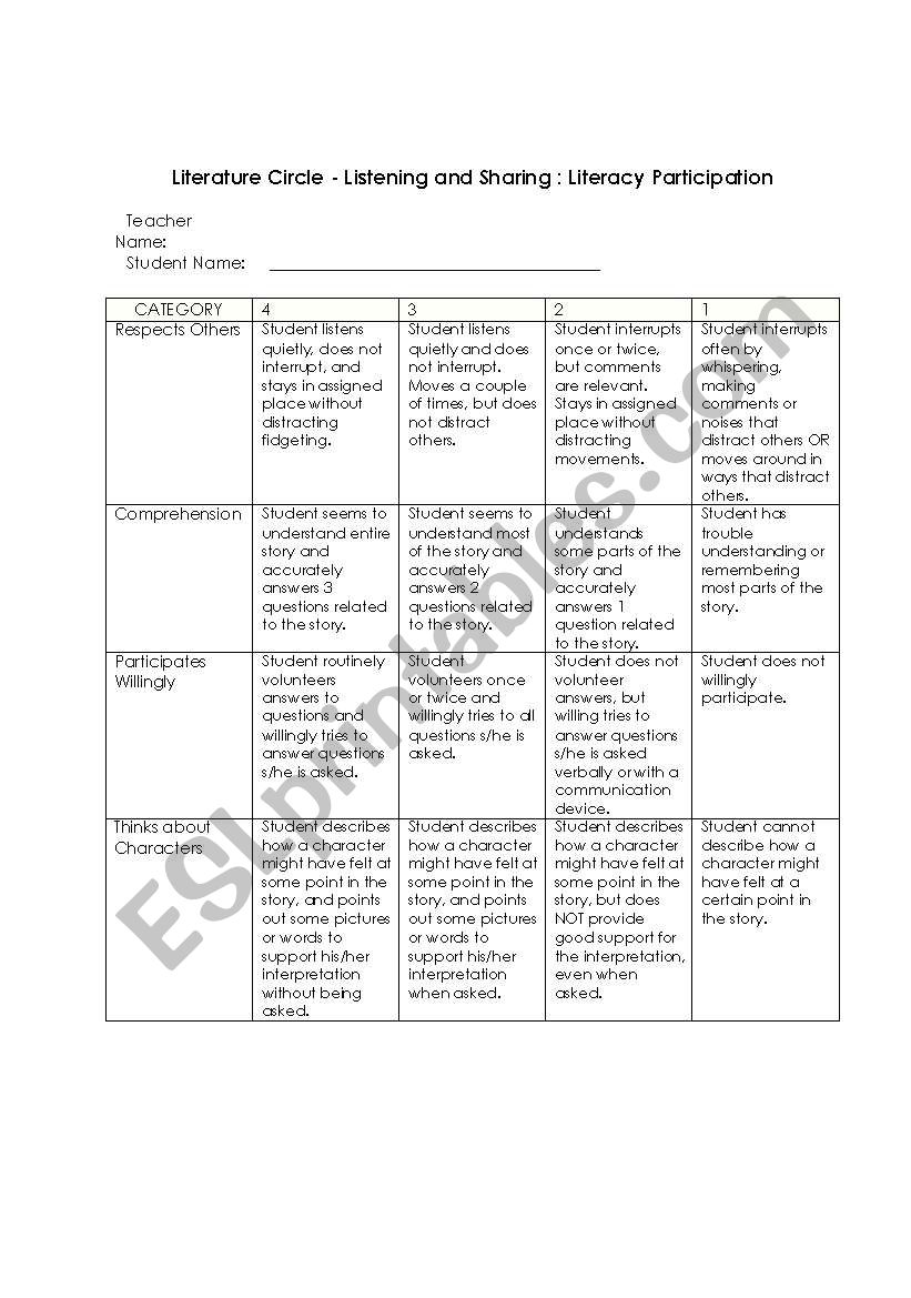 Literacy Participation Rubric worksheet