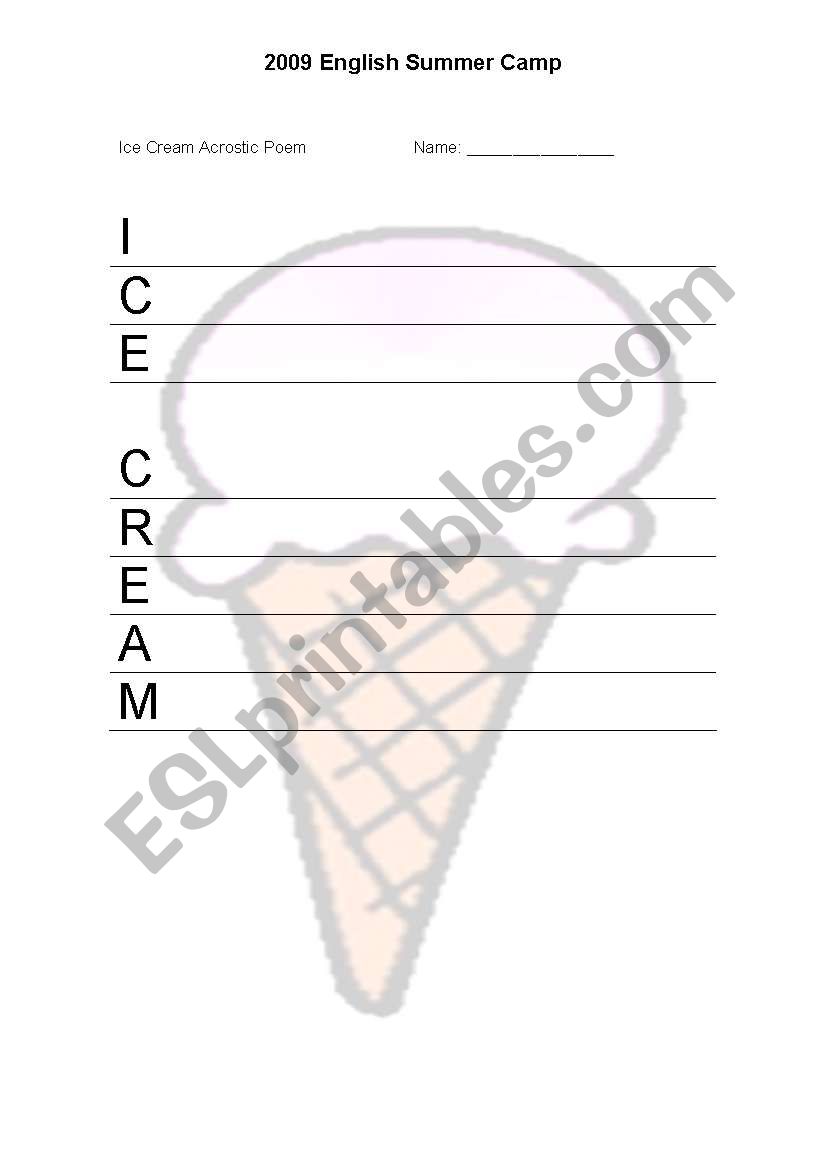 poem acrostic ice cream worksheet
