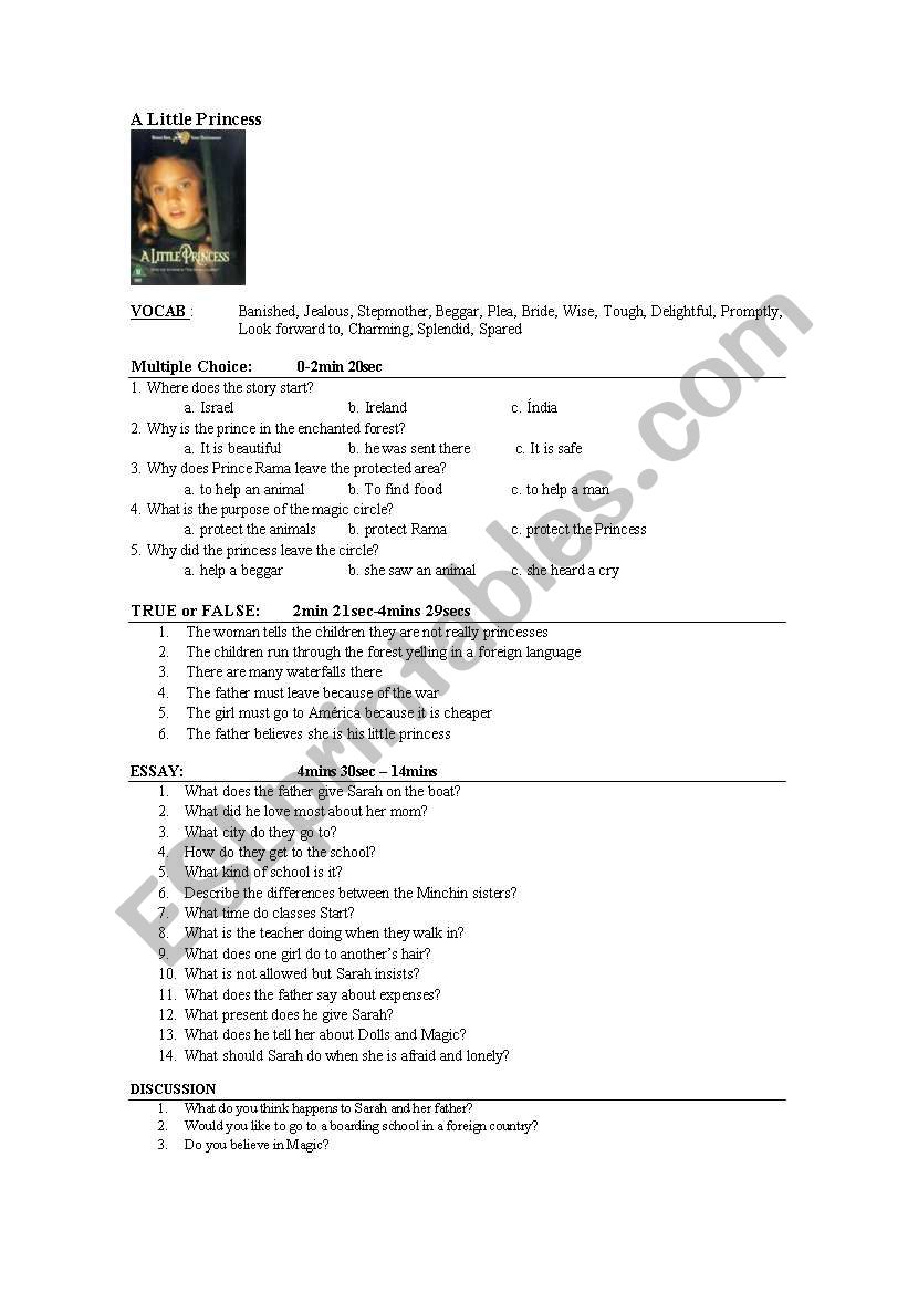 the little princess movie worksheet