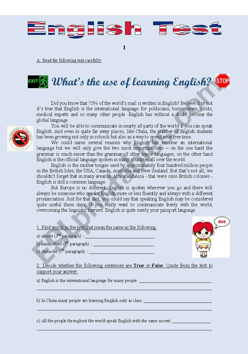 TEST 1 - WHATS THE USE OF LEARNING ENGLISH? (3 pages)
