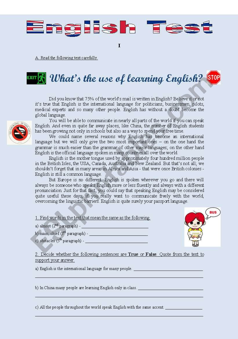 TEST 1 - WHATÂ´S THE USE OF LEARNING ENGLISH? (3 pages)