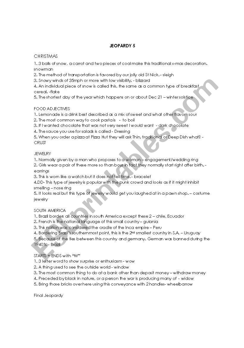 Jeopardy 5 worksheet