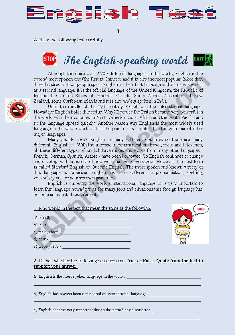 TEST 2 - THE ENGLISH SPEAKING WORLD (4 pages)