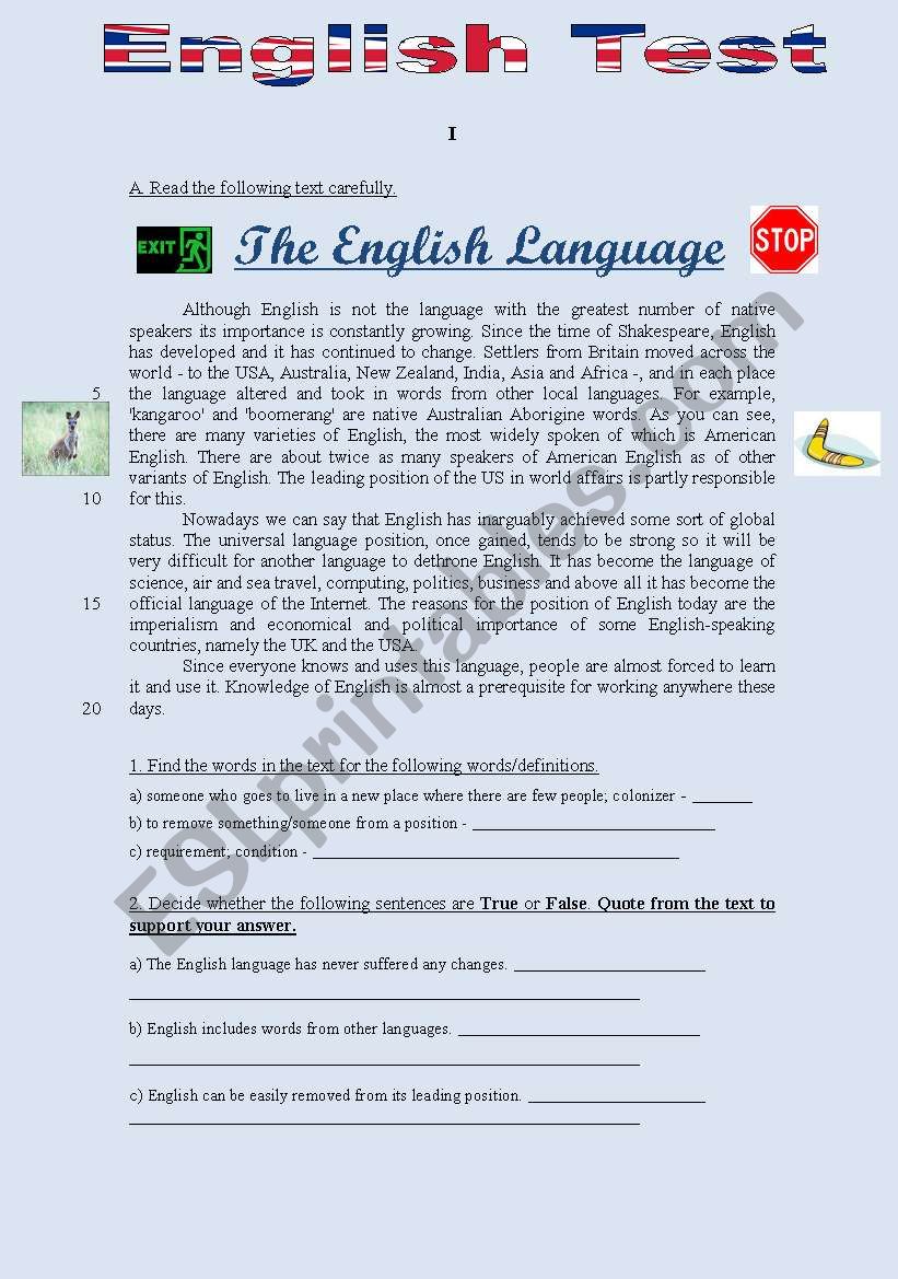 TEST 3 - THE ENGLISH LANGUAGE (3 pages)