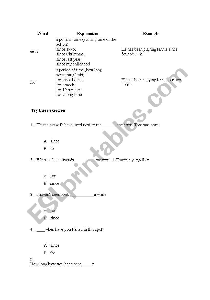 For & SInce worksheet