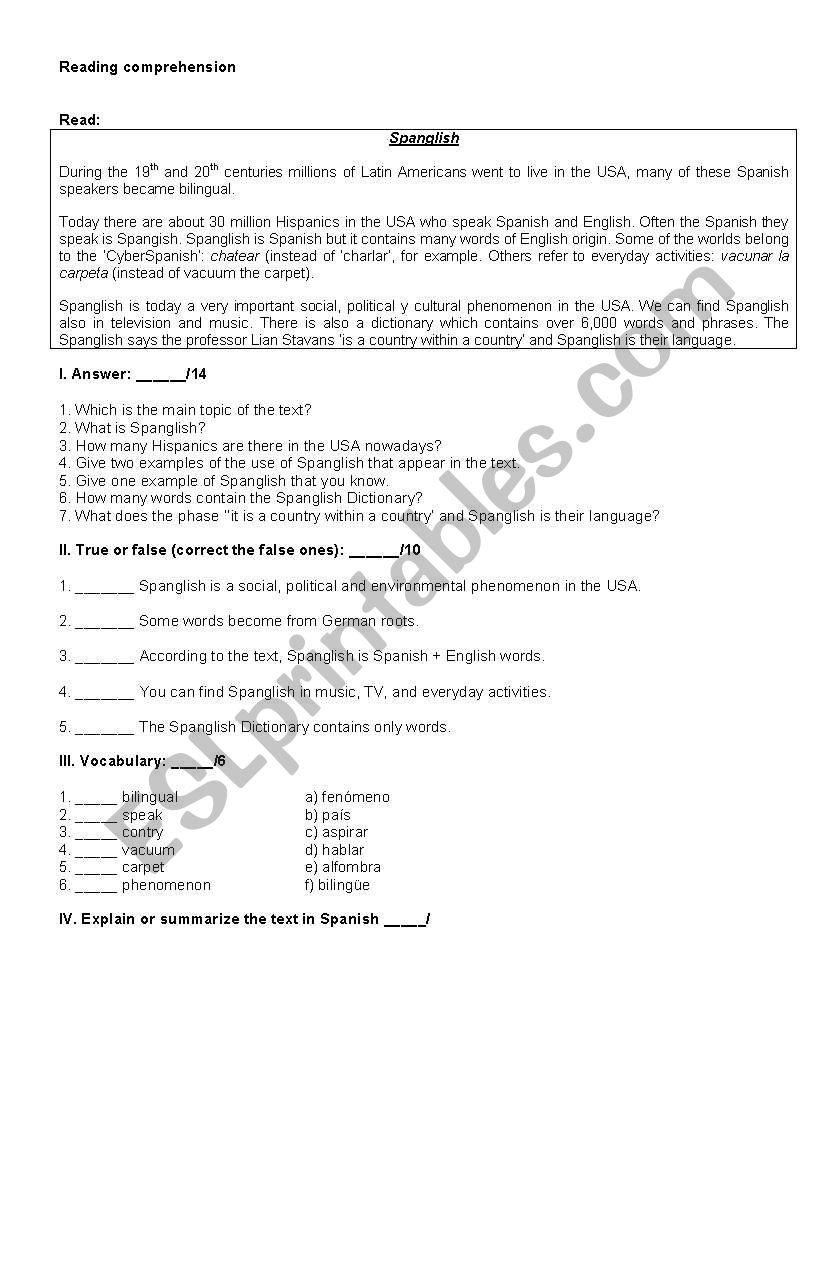 Reading Comprehension worksheet