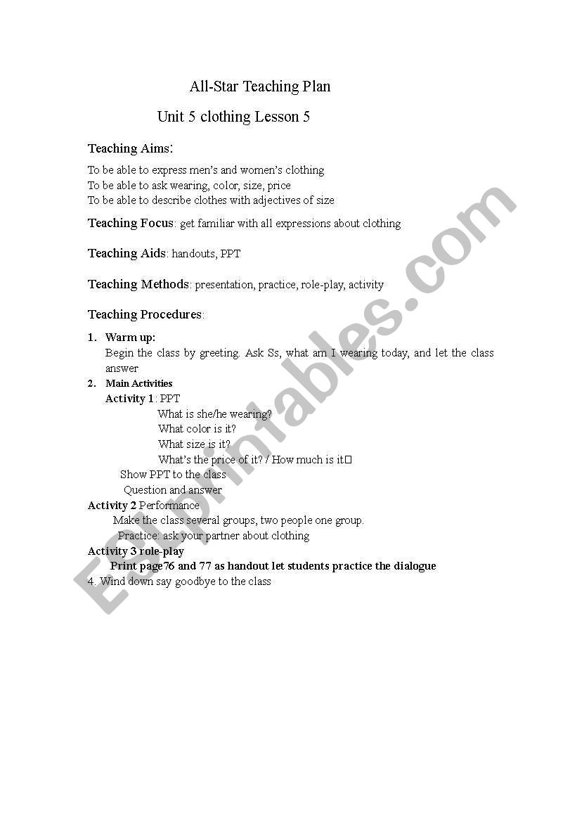 Teaching Plan for clothing worksheet